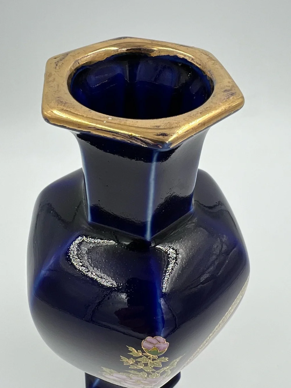 Vintage Japanese Blue Cobalt Porcelain Floral Gold Pheasant Vase 8” Tall